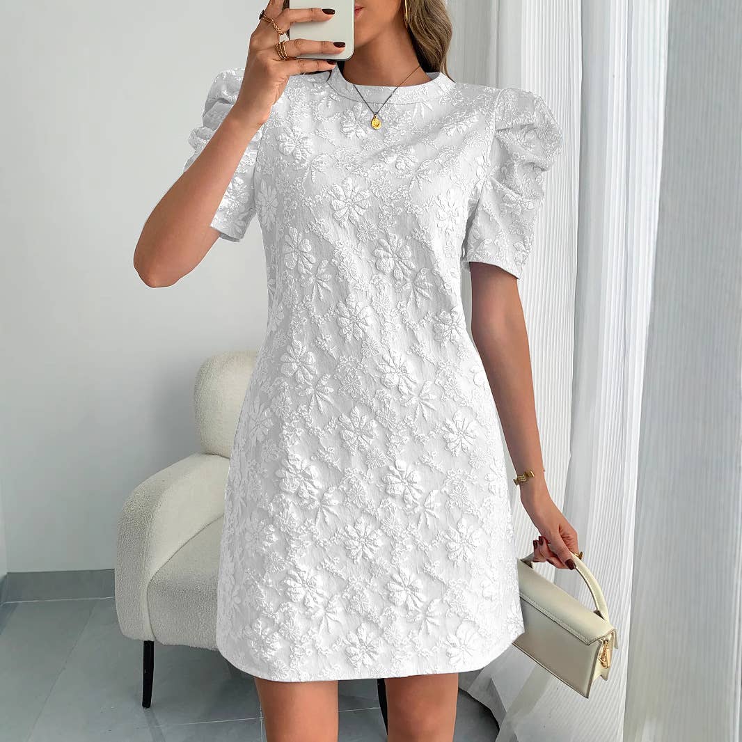 Textured Puff Sleeve Vintage Mini Dress