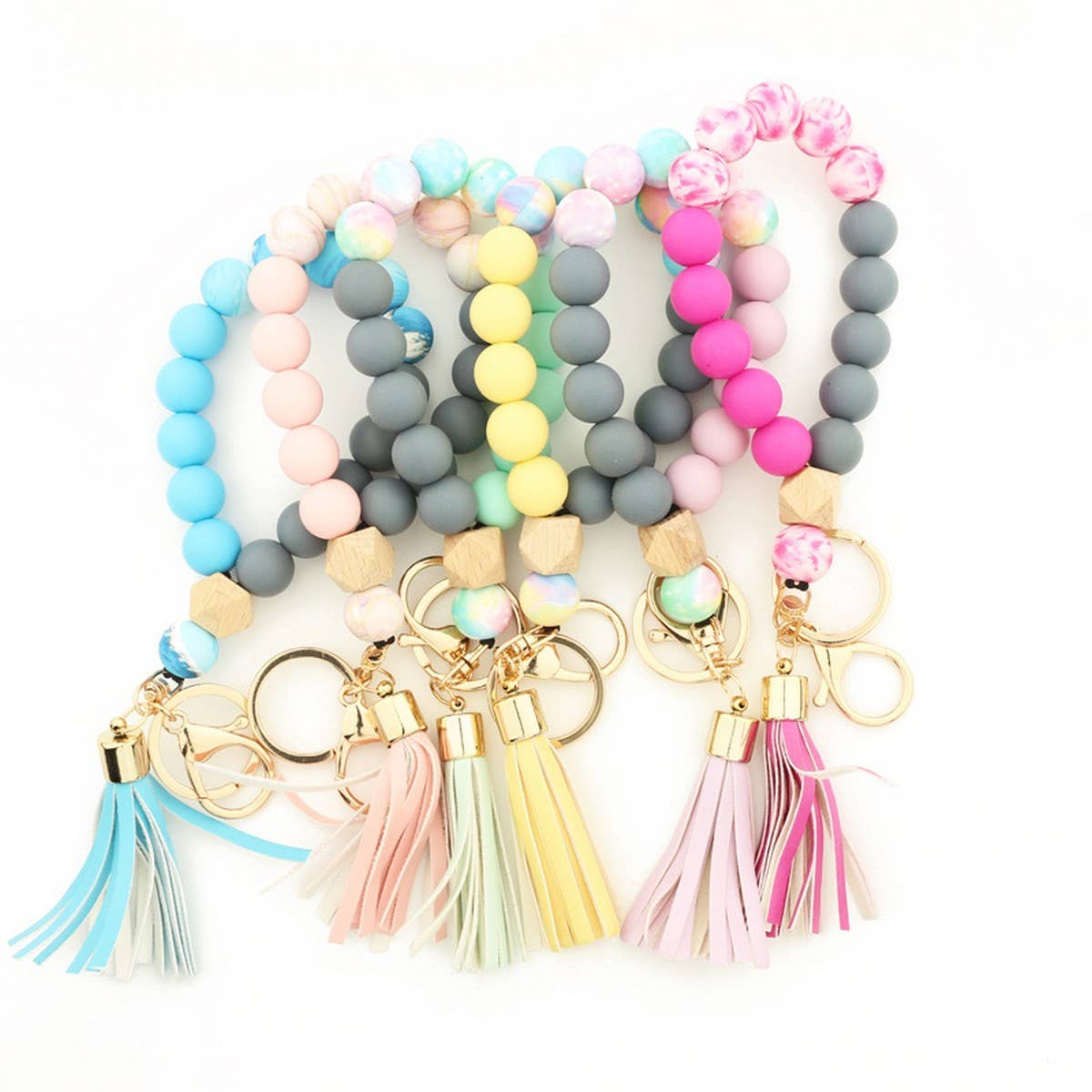 SILICONE WOOD BEAD BRACELET WITH LEATHER KEYCHAIN_CWMM7009