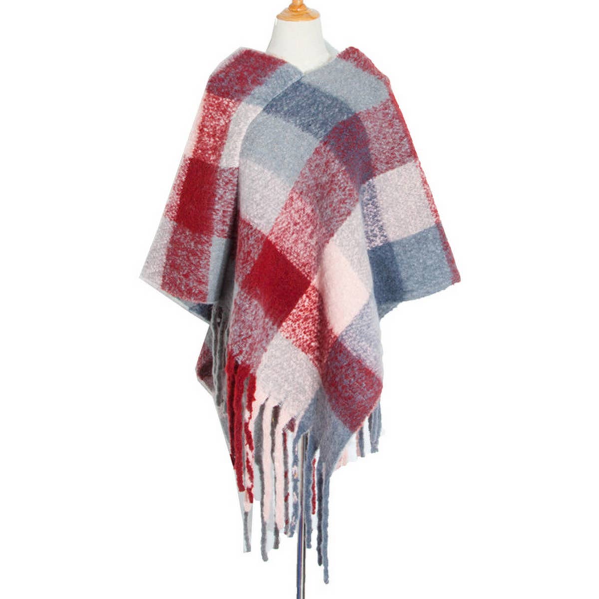 BOUCLE YARN THICK TASSEL COLORFUL PLAID SHAWL_CWASC1208