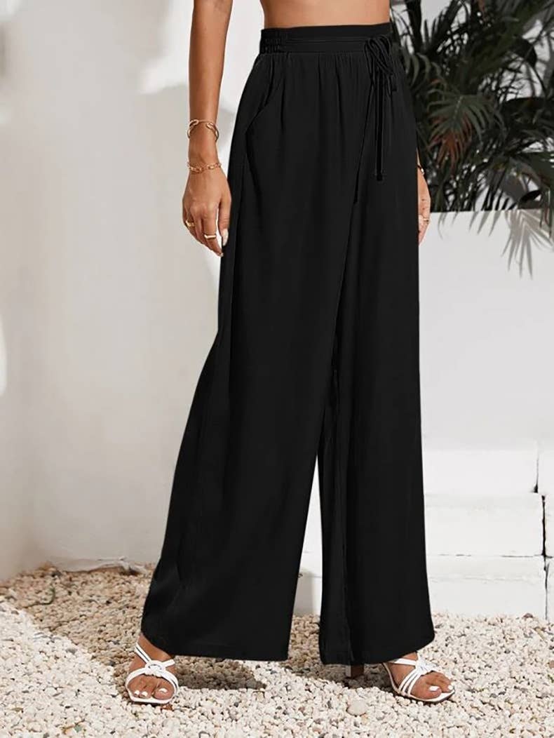 Solid-Color Loose Tight Waistband Wide-Leg Pants