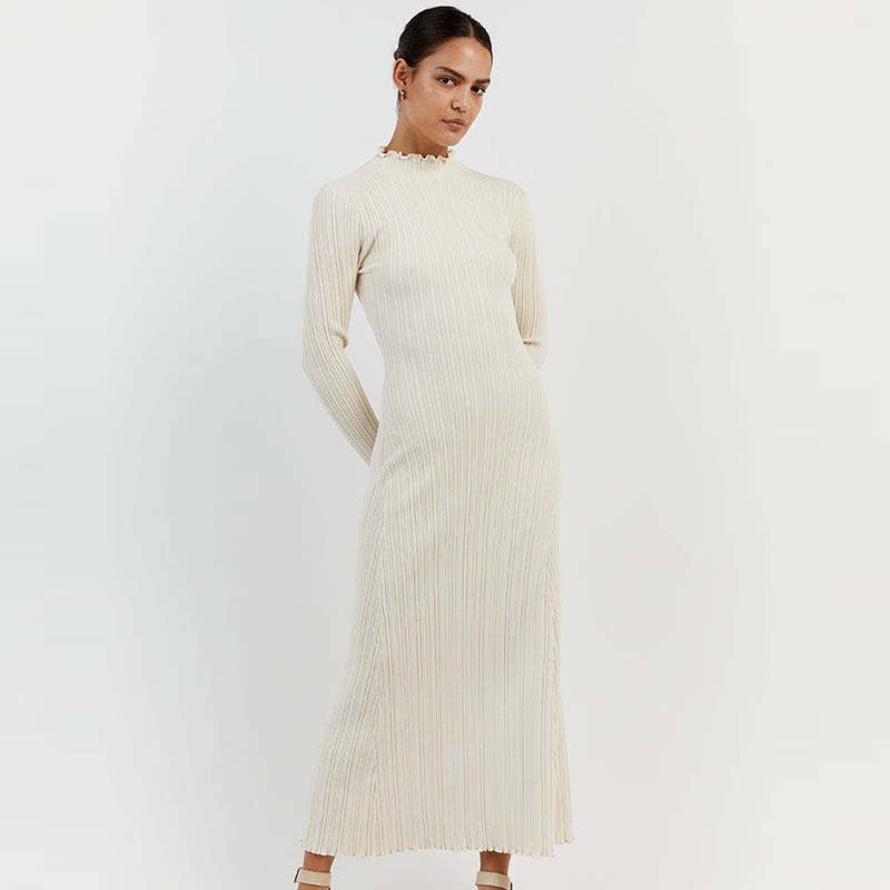 Solid Color Crew Neck Pit Stripe Slimming Dress