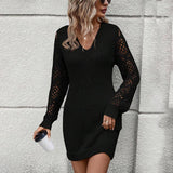 Solid Color Cut-Out V-Neck Sweater Dress