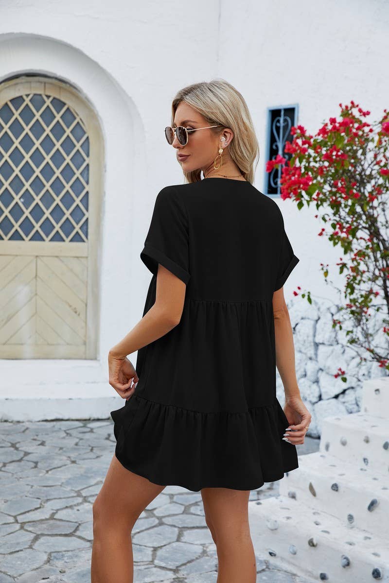 V Neck Solid Color Short Sleeve Pleated Dress_Cwdsd2696