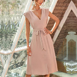 V Neck Lace Up Style Commuter Swing Midi Dress_Cwdsd3256