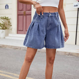 Washed Loose Irregularly Pleated Denim Shorts