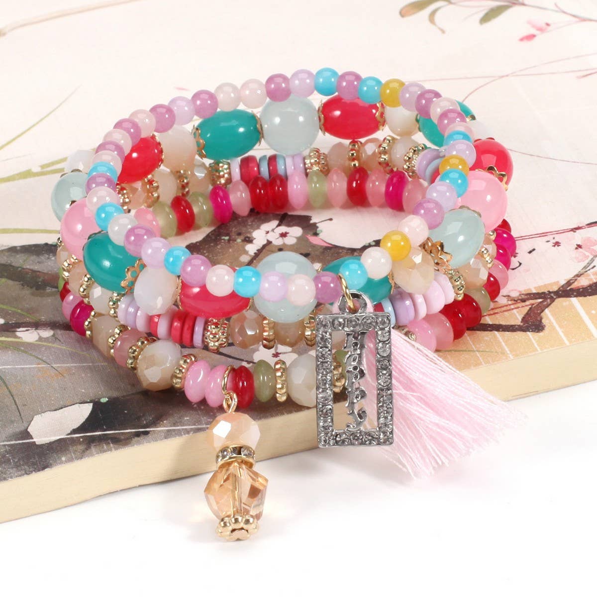 Cwaje05694_Boho Happy Tassel Crystal Multi Layer Bracelet