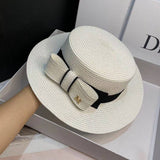FEDORA STRAW HAT SIMPLE BOW FLAT TOP ELEGANT WOMEN_CWAH1155