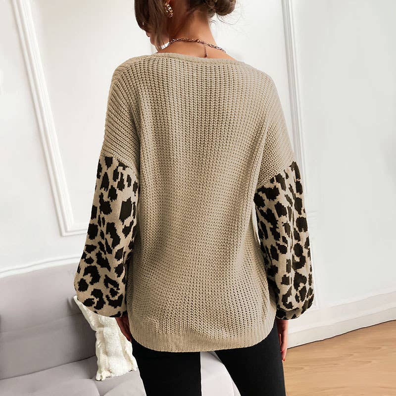 V-Neck Knit Leopard Print Patchwork Sweater