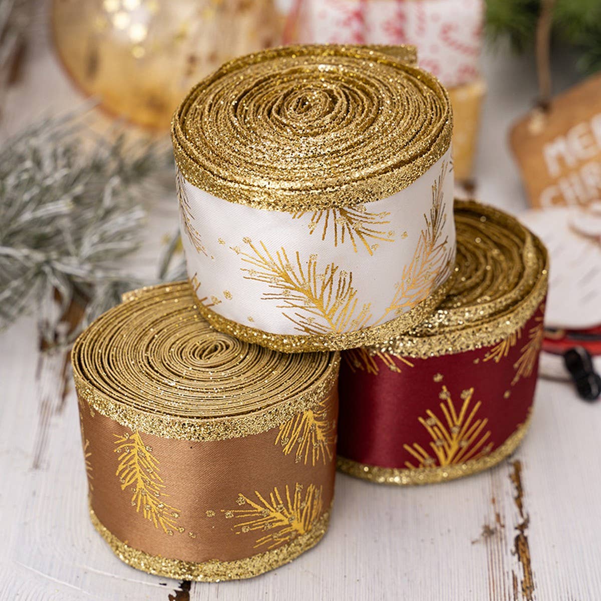 Cwmm10201_Christmas Glitter Ribbon Gold Gift Wrap Bow Craft
