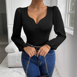 Solid-Color Mesh Spliced V-Neck Jumpsuit