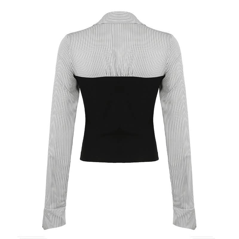 Waist Slim-Fit Lapel Color Striped Shirt