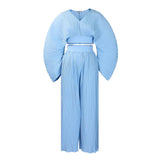 PLEATED V NECK TOP AND WIDELEG PANTS TWO PIECE SET_CWSTB1138