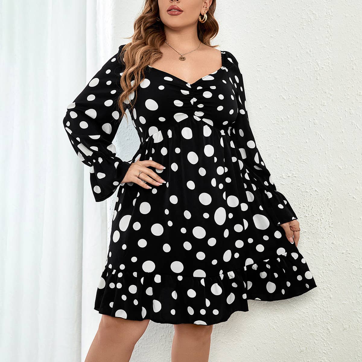 POLKA DOT CASUAL DRESS FOR FALL AND WINTER_CWDSD8477