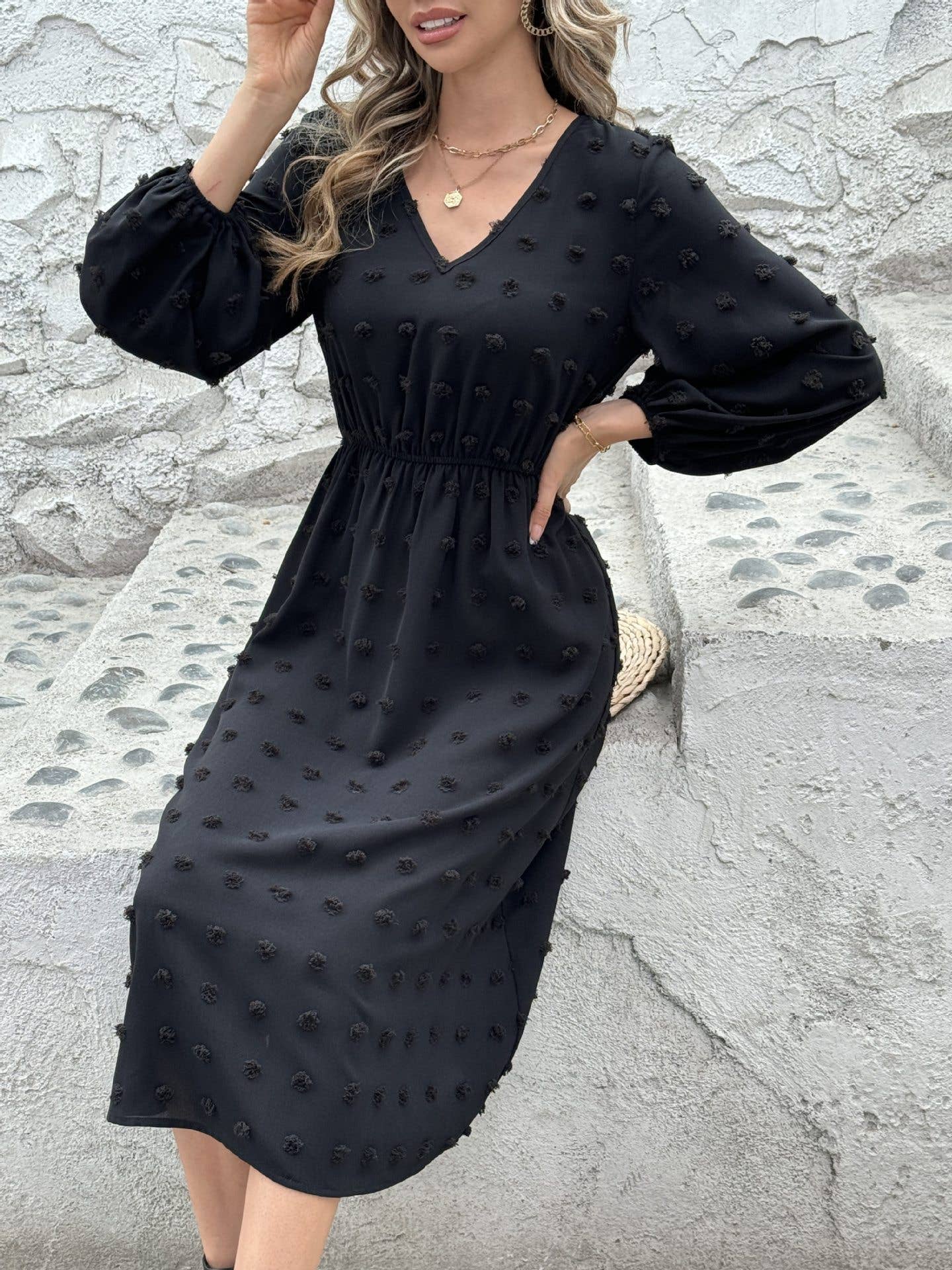 V-Neck,Cinched Waist,Woolen Long-Sleeved Dress