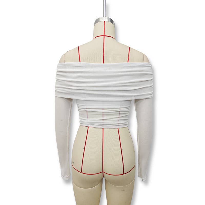 Solid Color Fit Line Neck Gauze Long Sleeve Top