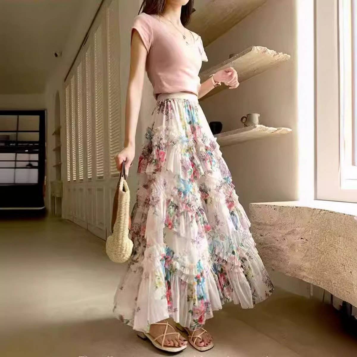 COLORFUL FLORAL MESH PRINT PLEATED TULLE SKIRT_CWBLS0399