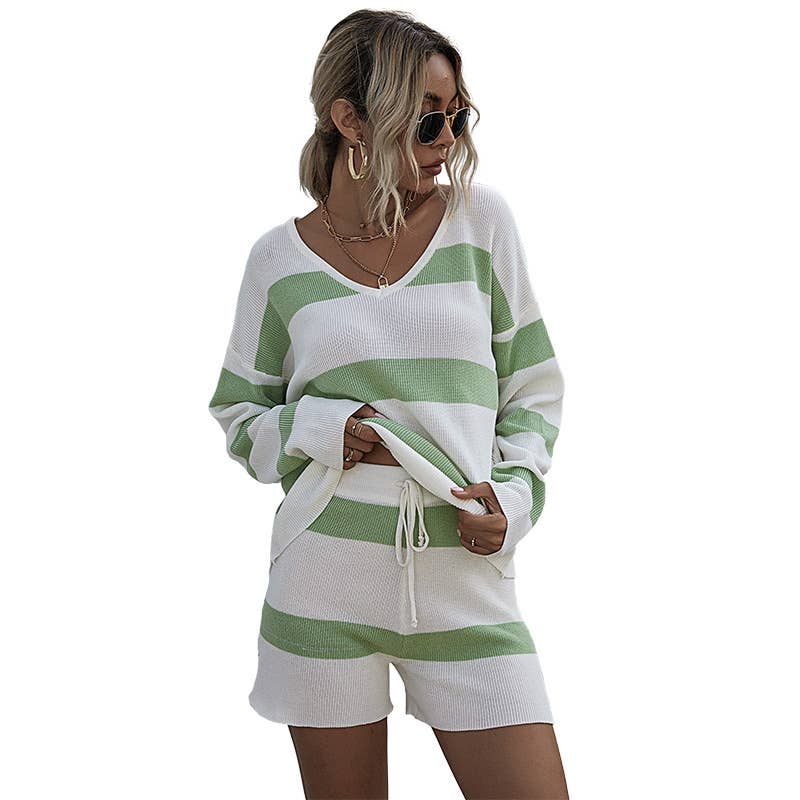 Striped Color Contrast Thin Knit Suit