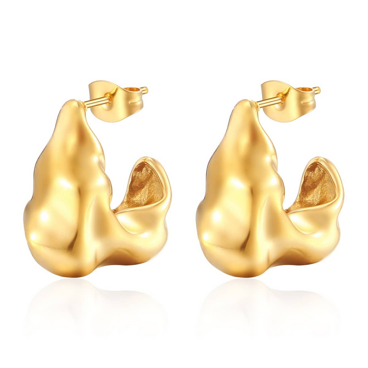 18K MOON HOLLOW OPEN CHUNKY HOOP POST EARRINGS_CWAJE0557