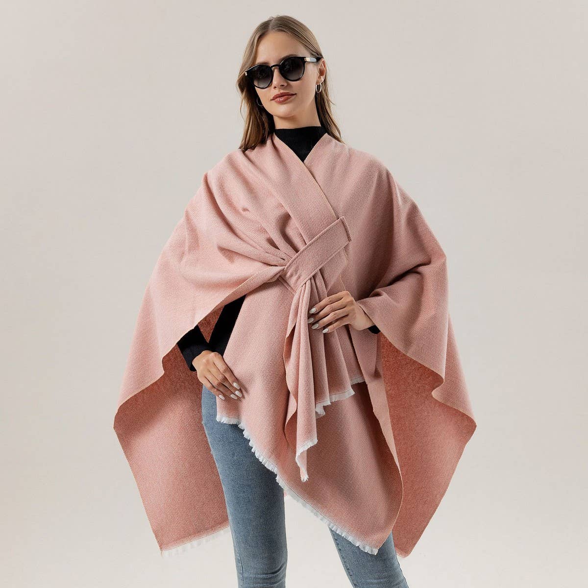 SHAWL KNITTED SOLID COLOR OBLIQUE STRAP CAPE_CWASC2172