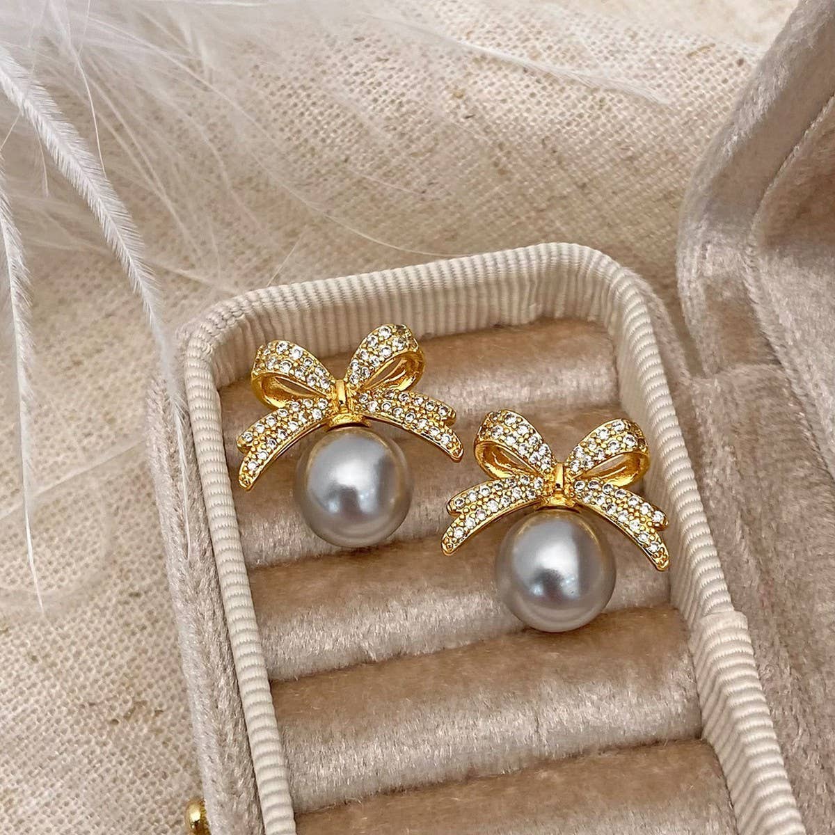 Womens Vintage Full Diamond Bow Pearl Earrings