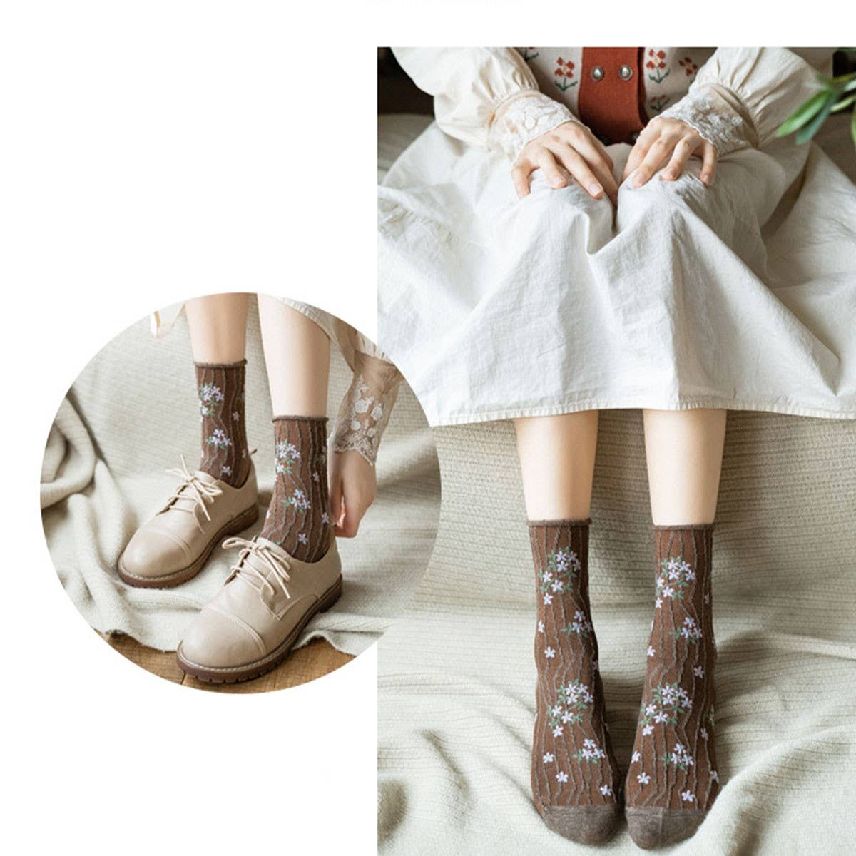 Preppy Little Floral Striped Midtube Sock Lady_Cwms0403