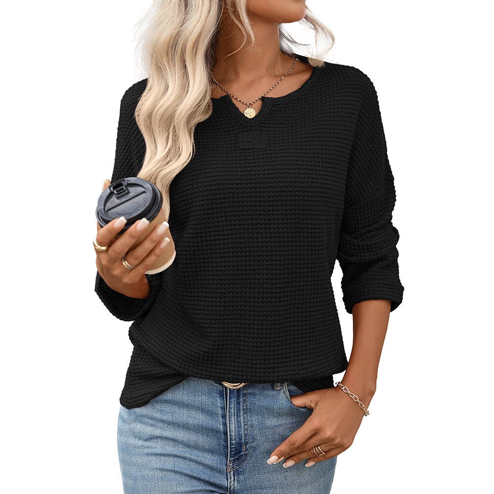 Waffle Round-Neck Solid-Color Knitted T-Shirt