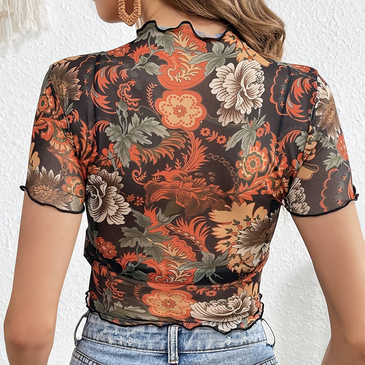 SEMI SHEER MESH FLORAL PRINT SHORT SLEEVED TOP_CWTBLS1509