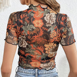 SEMI SHEER MESH FLORAL PRINT SHORT SLEEVED TOP_CWTBLS1509