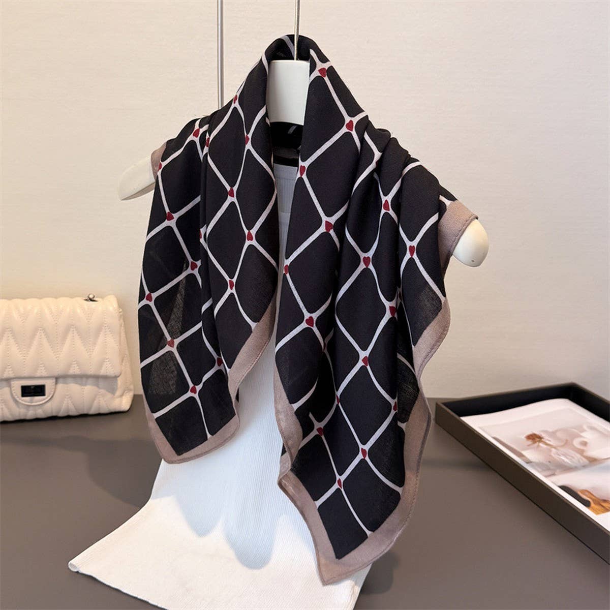 Elegant Plaid Satin Square Neck Scarf Wrap_Cwasc03320