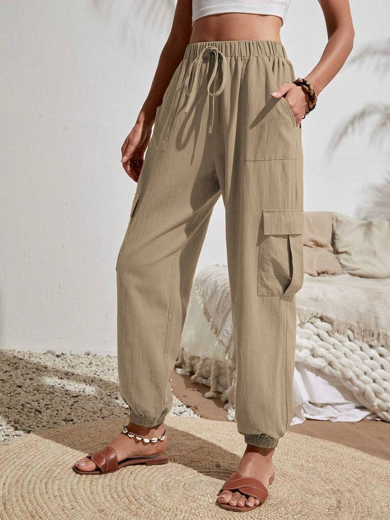Wash Water Crepe Pocket Casual Cargo Pants