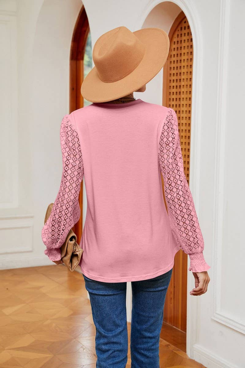 Cwtbll2401_V-Neck Lace Stitching Long-Sleeved Casual Top