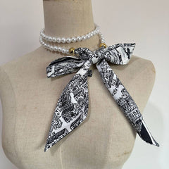 Black White Pearl Silk Scarf Belt_Cwasc04002
