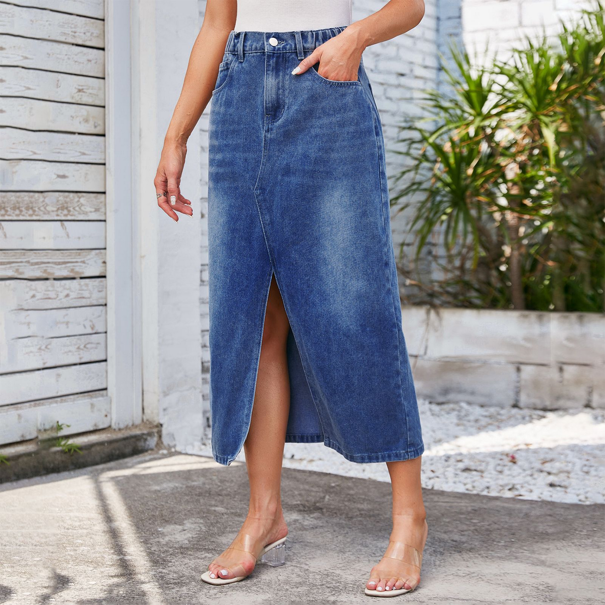 Wome Washed Denim Midi Skirt With Slit_Cwjsk0196