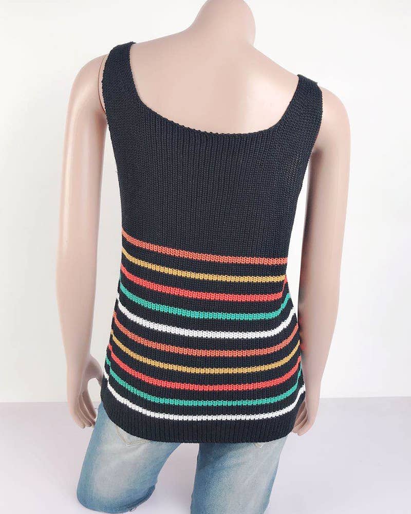 U-Neck Colored Striped Knitted I-Shaped Vest