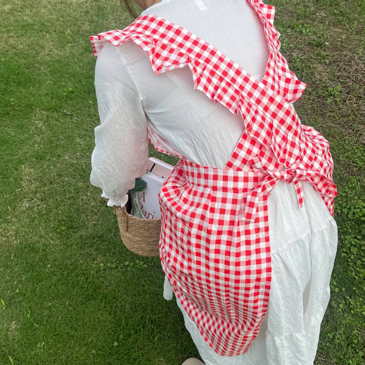 PLAID RUFFLE APRON CAFE GARDENING SMOCK APRON_CWMM5823