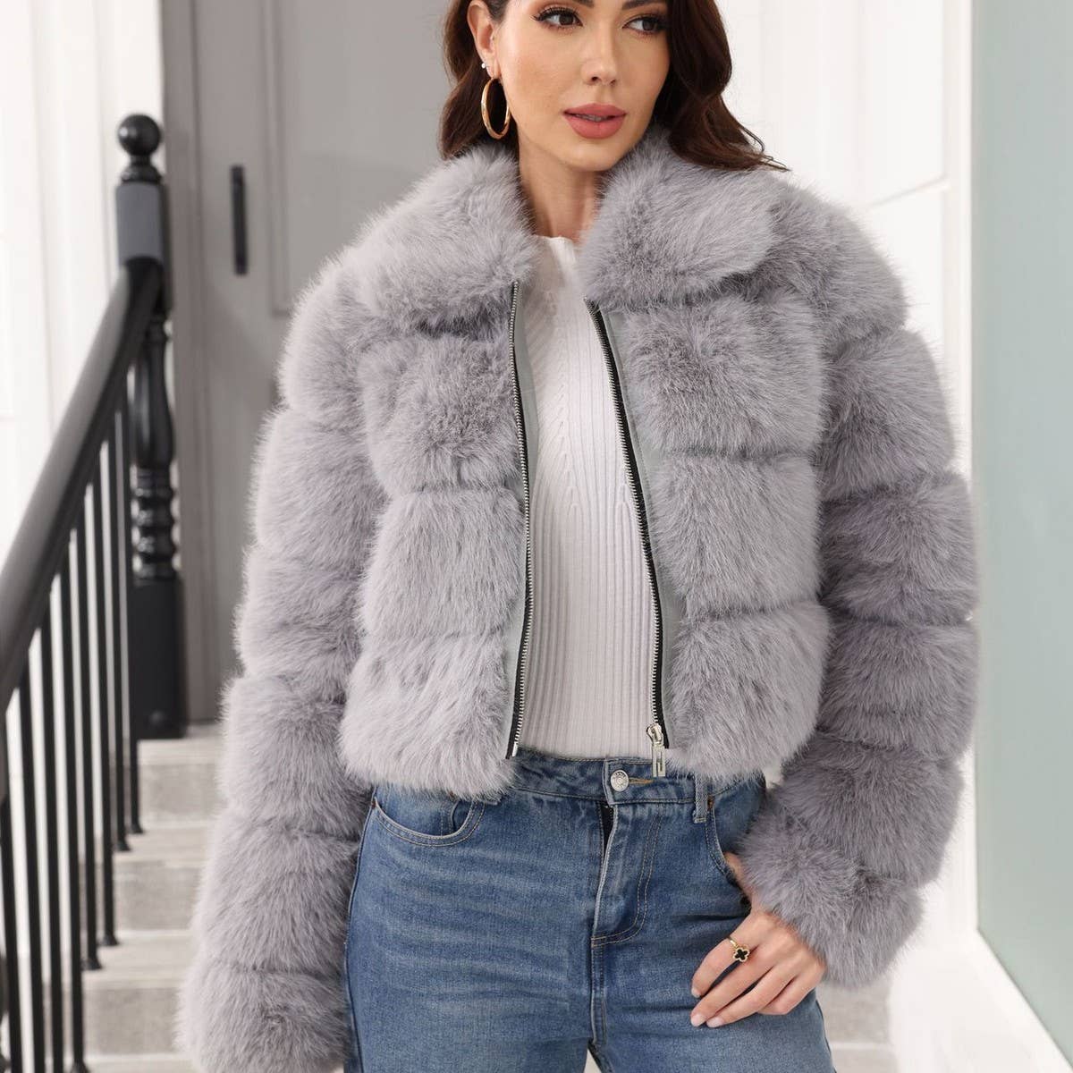 SOLID COLOR FAUX FUR JACKET WOMEN WINTER FALL_CWMM9114