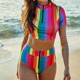 Rainbow Striped High-Neck Two-Piece Swimsuit