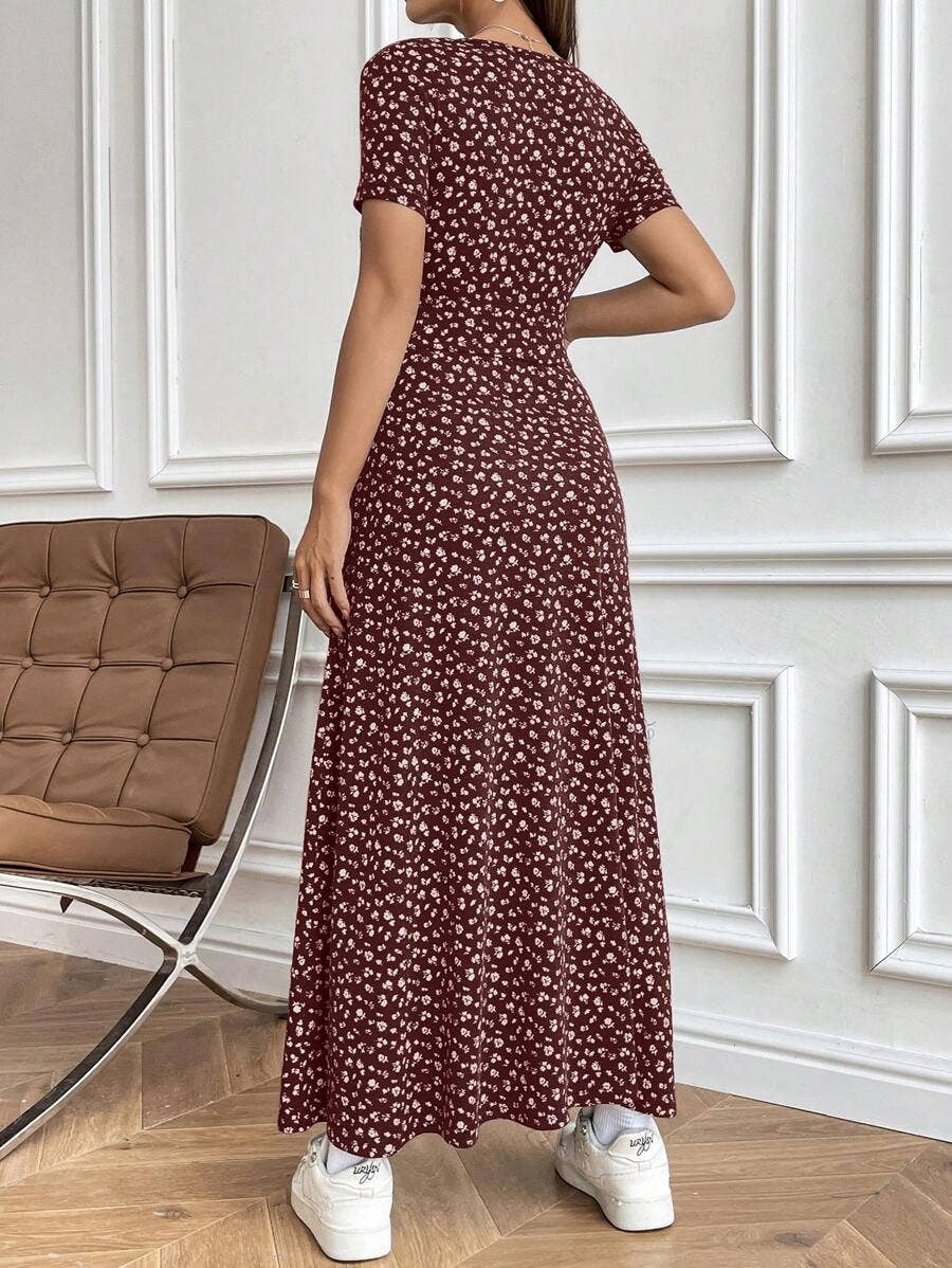V-Neck Elegant Cinched Waist Casual Floral Dress