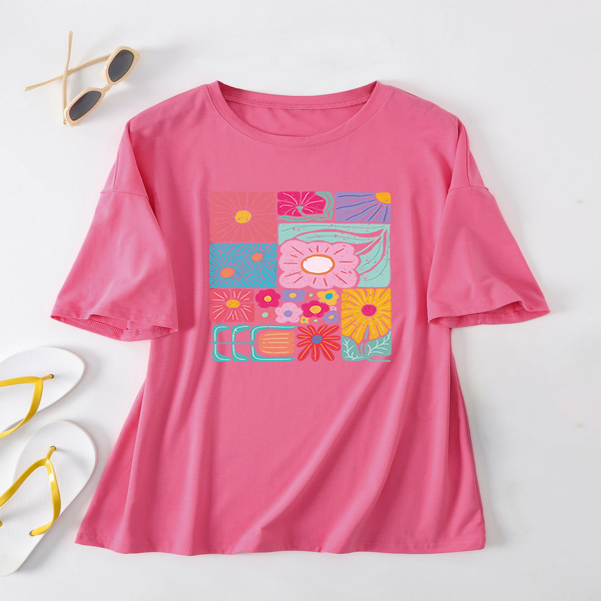 Womens Loose Fit Tee With Colorful Flowers_Cwtts1466