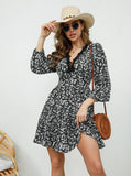 Spliced Floral V-Neck Floral Long-Sleeved Dress