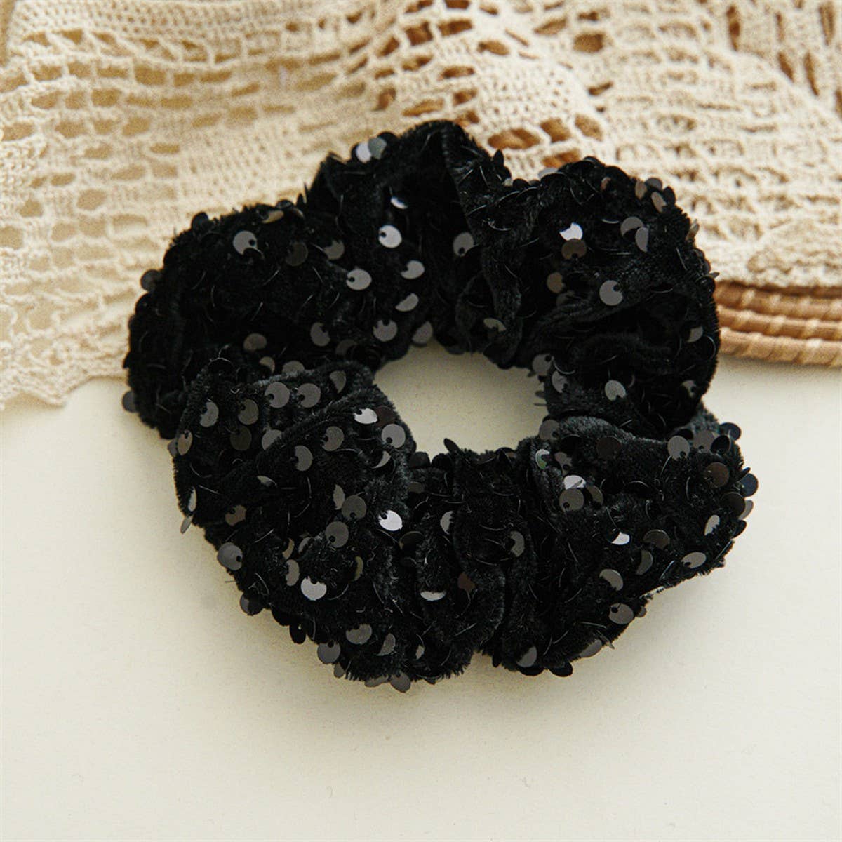 Black Sequin Hair Scrunchie Shiny Ponytail Holder_Cwaha07539