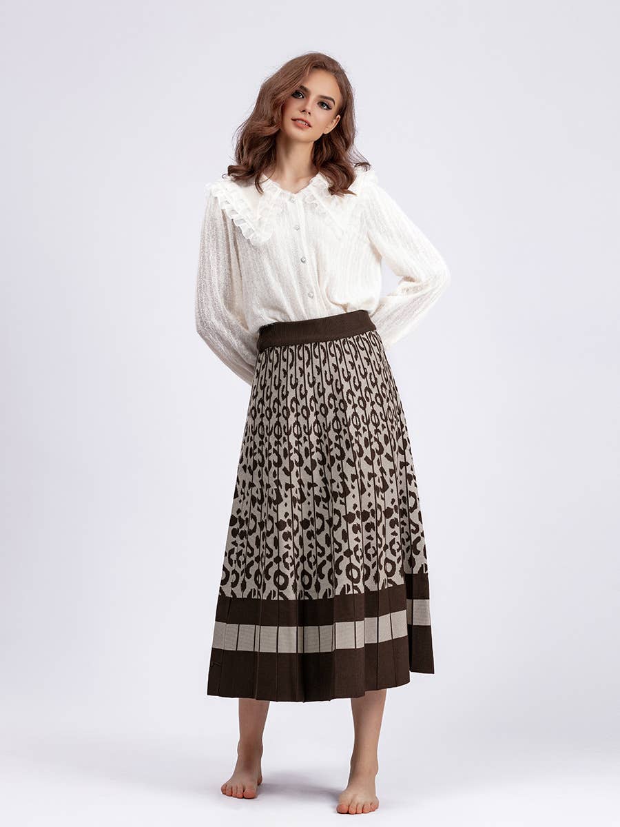 Vintage Leopard Print Contrast Knit Skirt