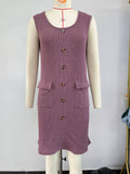 Solid Color Crew Neck Button Pocket Tank Dress