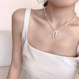Womens Pearl Beaded Vintage Bow Necklace