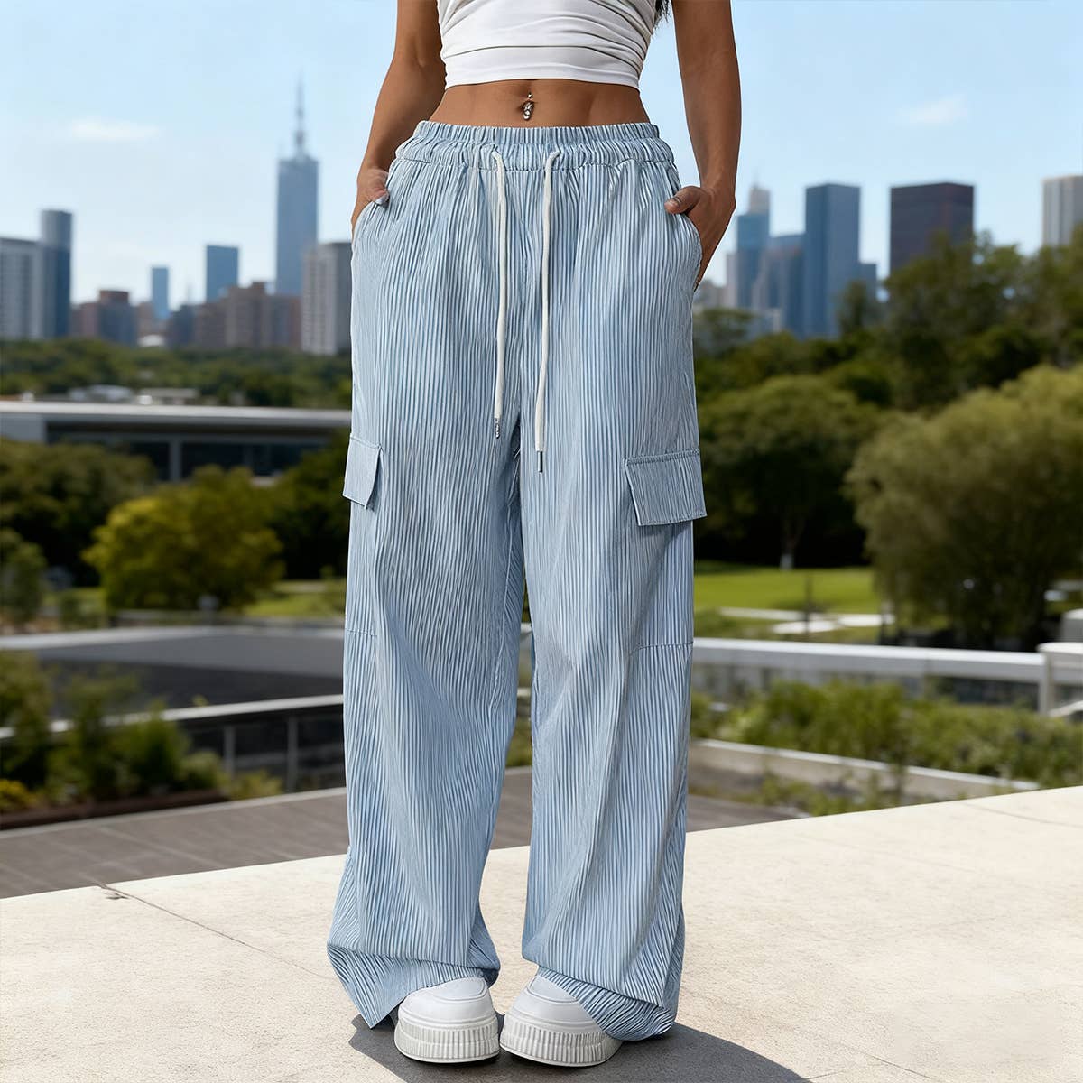 Versatile High-Waisted Striped Wide-Leg Pants