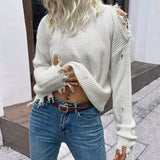 Worn Hollowed Out Solid Color Turtleneck Sweater