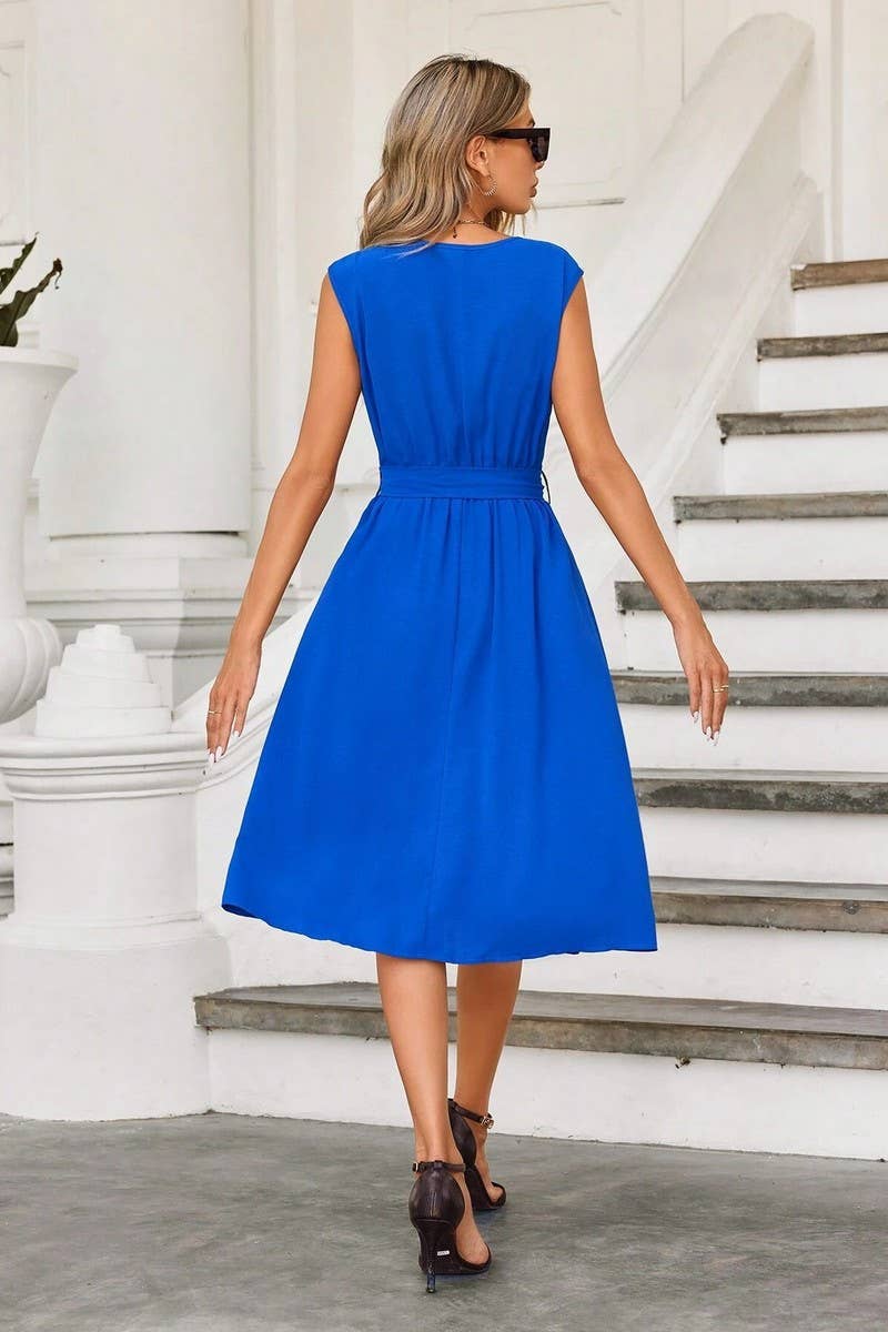 Woven V Neck Lace Up Waist A Swing Dress_Cwdsd3110