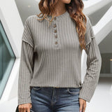 Solid-Color Button Round-Neck Striped T-Shirt