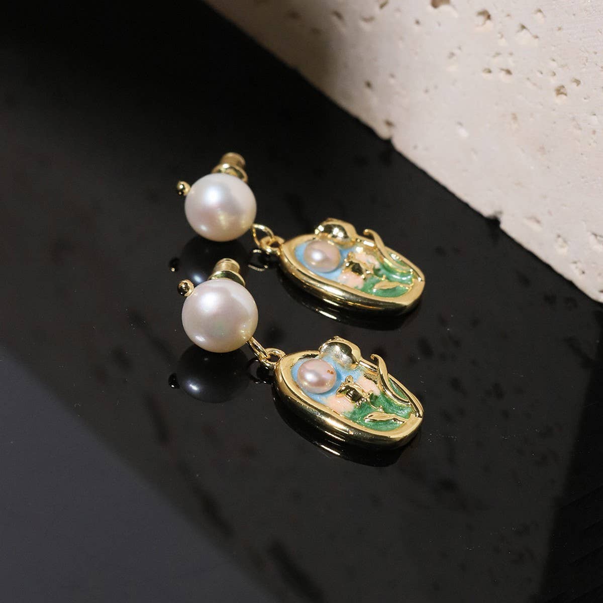NEW HIGH END RETRO LITERARY SUNSET PEARL EARRINGS_CWAJE3794