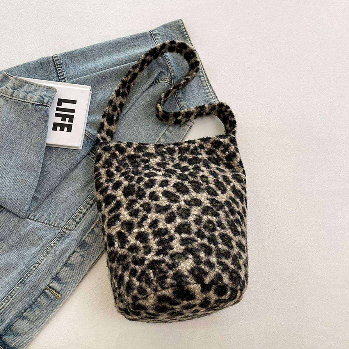 Winter Leopard Print Shoulder Bag Bucket Plush Bag_Cwab3973